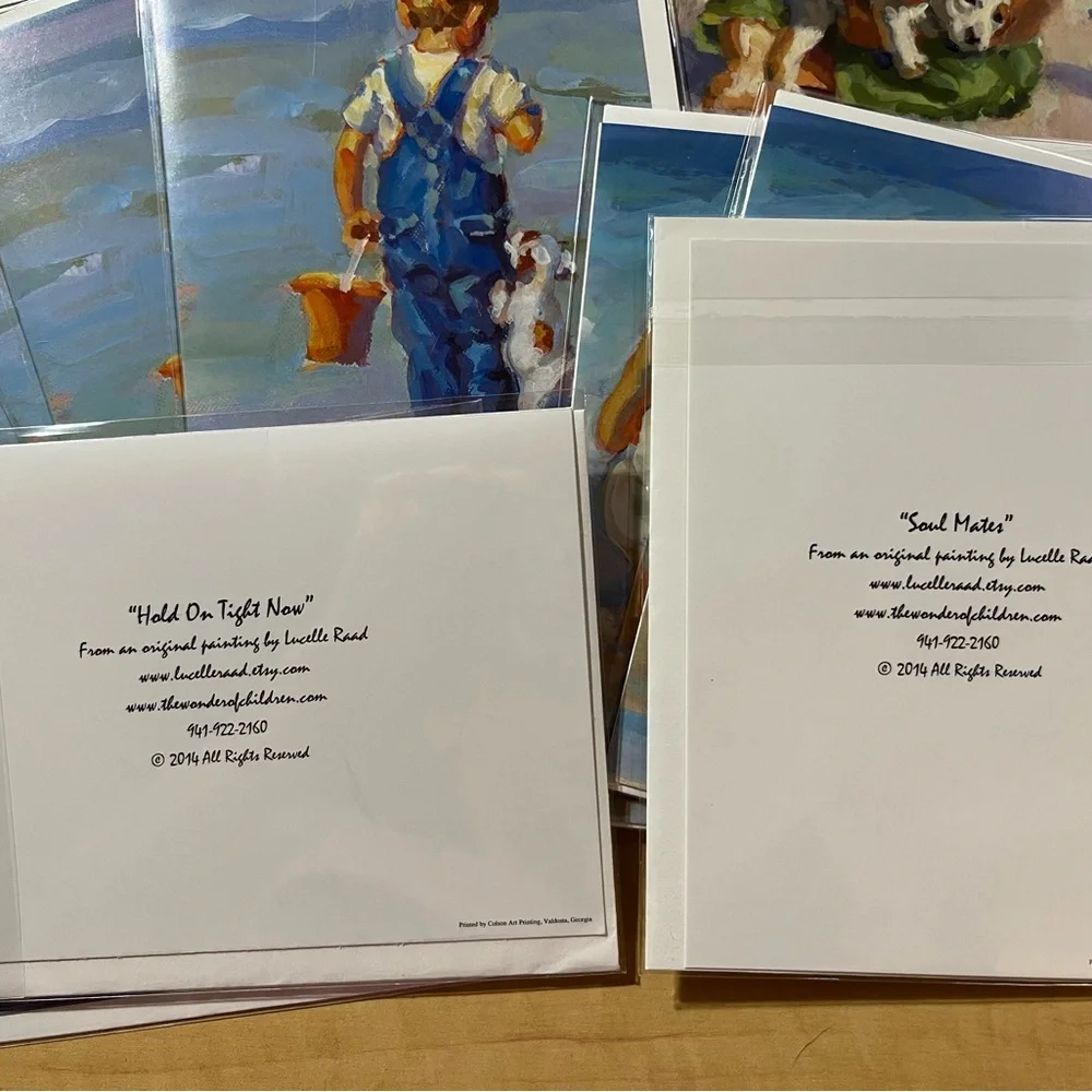 25 new in sealed plastic blank greeting cards, children on the beach painting